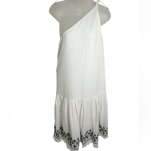 Roller Rabbit White Cotton One Shoulder Maxi Dress Embroidered Hem Boho Medium - Picture 1 of 6